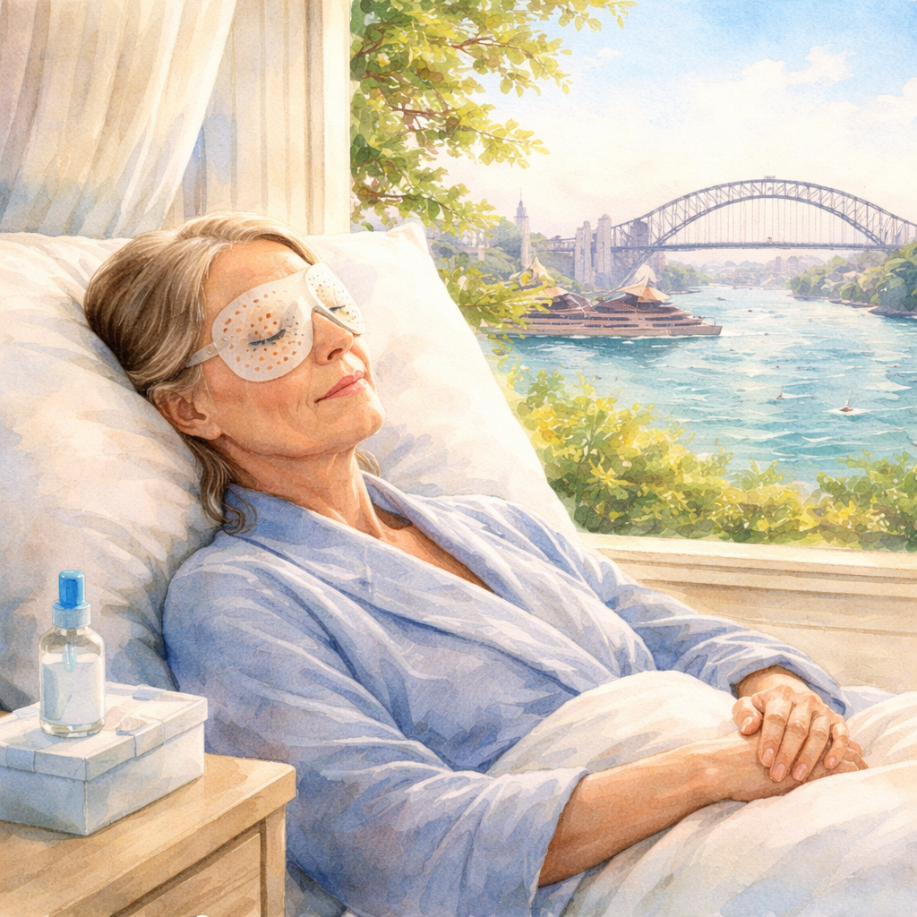 A soft watercolor painting of a patient resting with an eye shield on, a small bottle of eye drops on the bedside table, and a sunny Sydney harbour view through a window, conveying the gentle post‑op phase of cataract surgery recovery. Alt: Post‑op cataract recovery, eye shield, eye drops, Sydney harbour, watercolor.