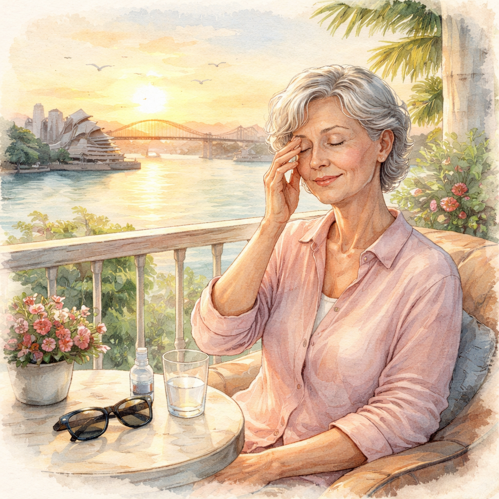 A watercolor painting of a relaxed patient sitting on a Sydney balcony, gently touching their eye with a soft hand, sunglasses nearby, a gentle sunrise over the harbour in the background, illustrating the post‑cataract recovery timeline and common concerns. Alt: Post‑cataract recovery concerns watercolor illustration.