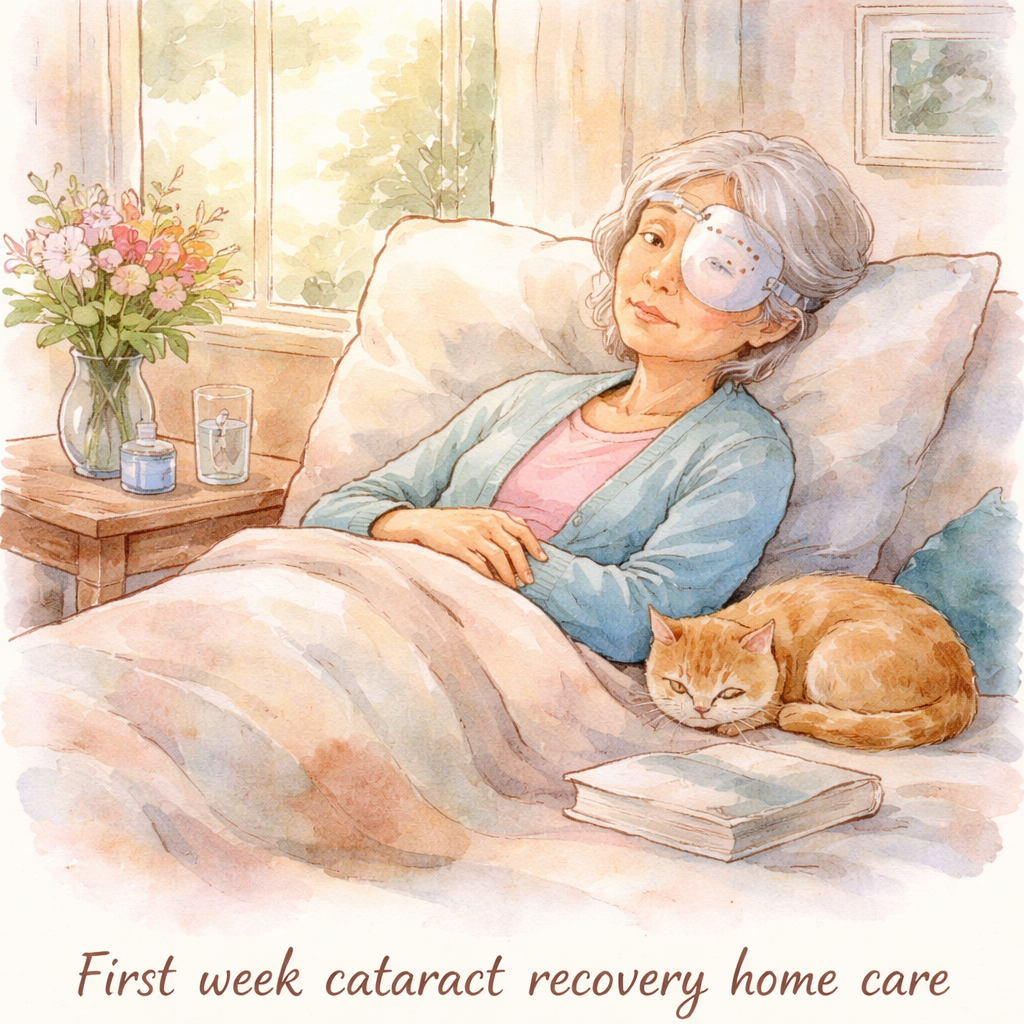 A watercolor illustration of a patient resting at home with an eye shield, soft sunlight filtering through a window, gentle pastel colors, alt text: "First week cataract recovery home care"