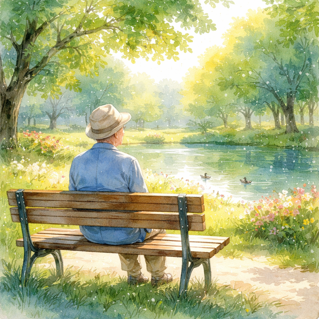 A watercolor scene of a calm park bench where a person enjoys clear sight after cataract surgery, soft greens and blues, alt text: