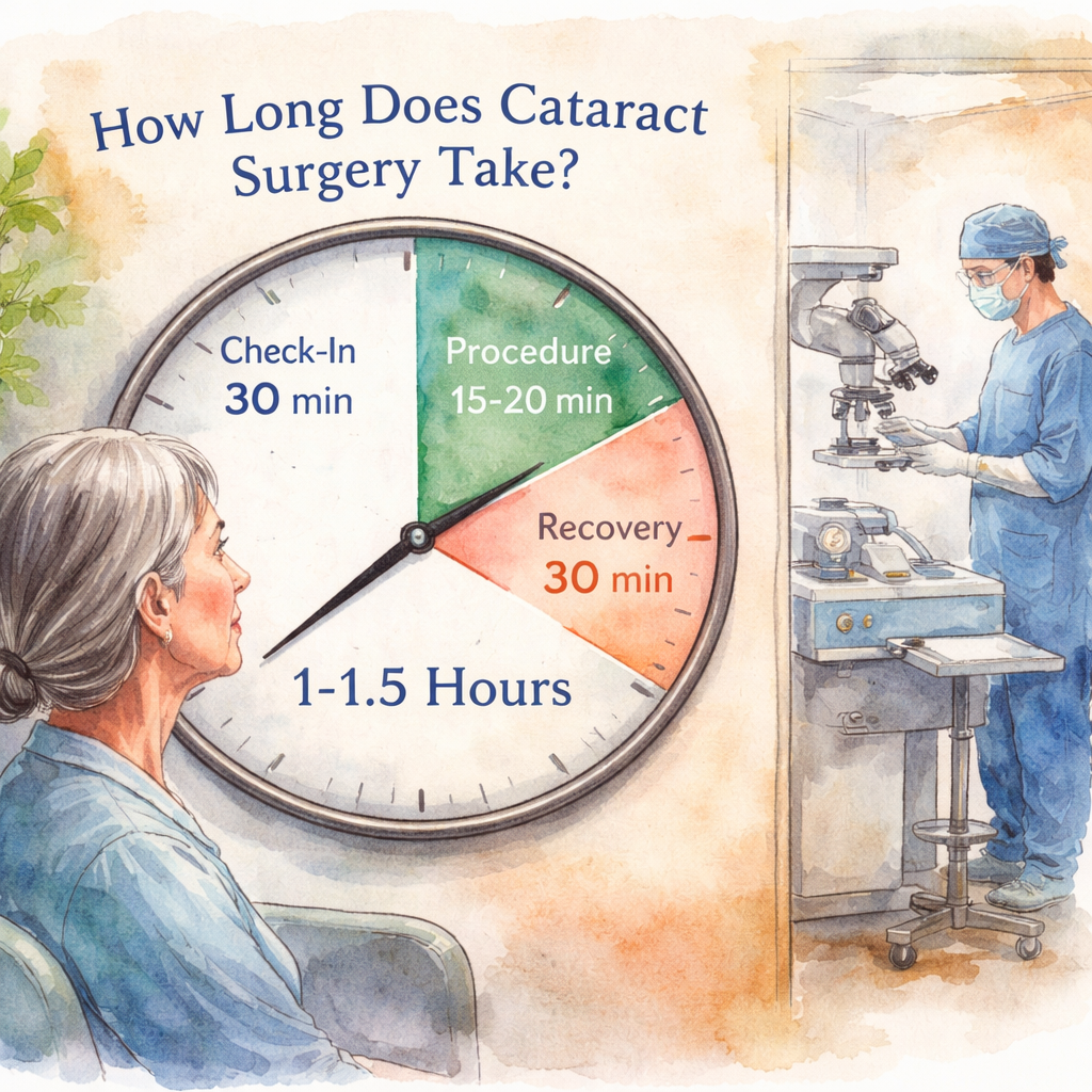 A watercolor painting of a patient in a Sydney eye clinic, looking at a clock that shows the surgery timeline, with a surgeon in the background preparing equipment. Alt: How long does cataract surgery take timeline illustration.