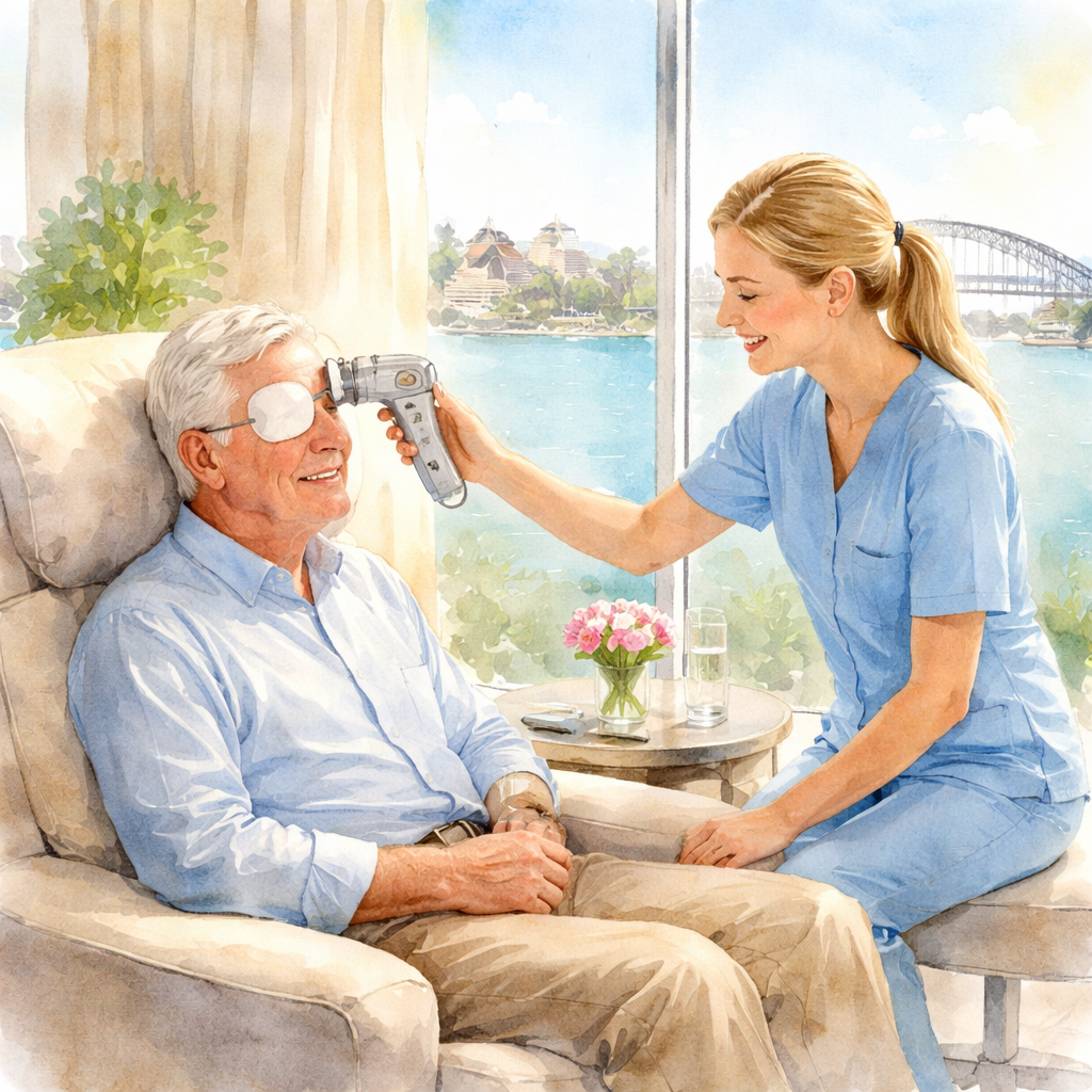 A soft watercolor painting of a modern Sydney eye clinic recovery area, showing a patient seated in a comfortable chair with a gentle light, a nurse checking eye pressure with a handheld tonometer, and a window revealing a bright Harbour view. Alt: Post‑operative recovery in a cataract surgery clinic, watercolor style.