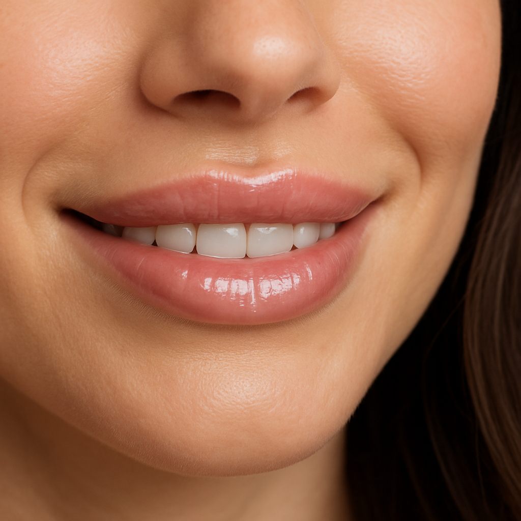 A close‑up of a smiling woman’s lips after filler, highlighting subtle volume and natural shine. Alt: How long does lip filler last – visual of lasting lip filler results.