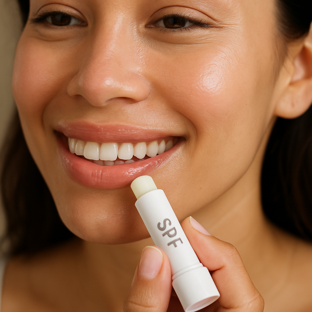 A close‑up of a smiling person applying SPF lip balm, showing healthy, hydrated lips. Alt: Hydrated lips with SPF balm for longer lasting lip filler results.
