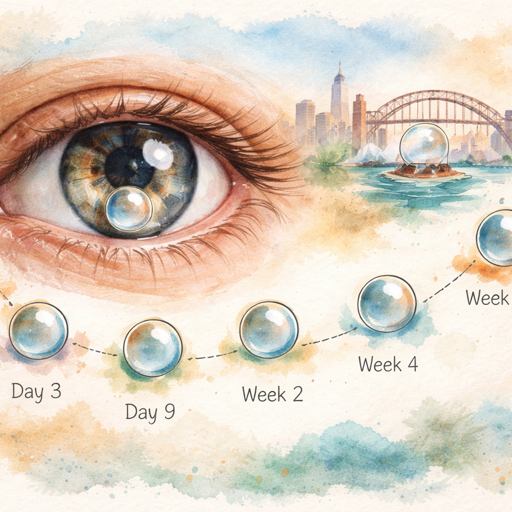 A watercolor painting of a close‑up eye with a tiny gas bubble inside, surrounded by a subtle timeline diagram showing Day 1, Day 3, Week 2, Week 4, and Week 6 milestones, set against a soft Sydney skyline backdrop, illustrating the healing journey after macular hole surgery. Alt: Macular hole surgery timeline watercolor illustration.