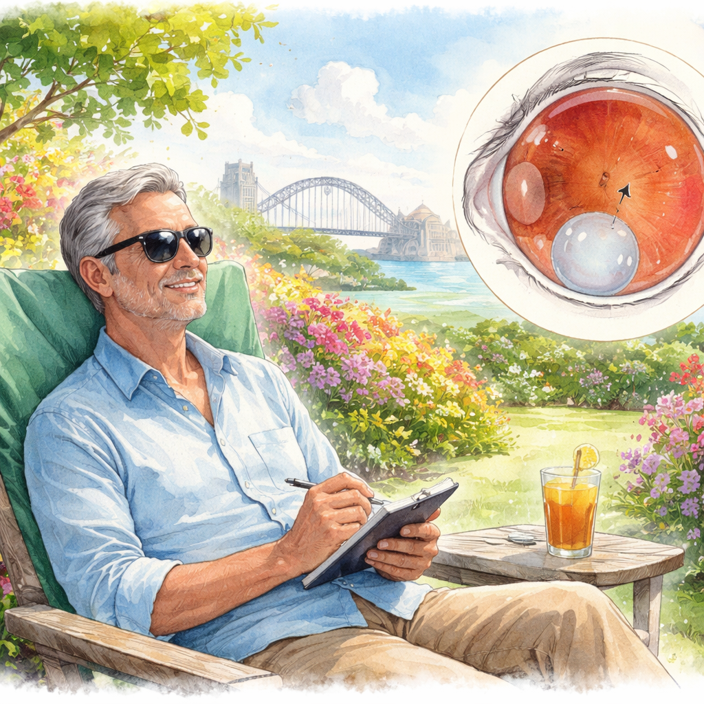 A watercolor painting of a relaxed patient in a sunny Sydney garden, wearing sunglasses and holding a small notebook, with a subtle illustration of an eye showing a shrinking gas bubble. Alt: Follow‑up visits and long‑term healing after macular hole surgery illustrated in watercolor style.