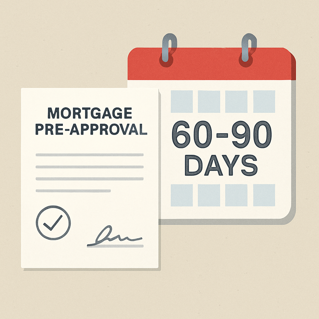 A mortgage pre‑approval letter with a calendar showing a 60‑90 day countdown. Alt: Illustration of mortgage pre‑approval validity period.
