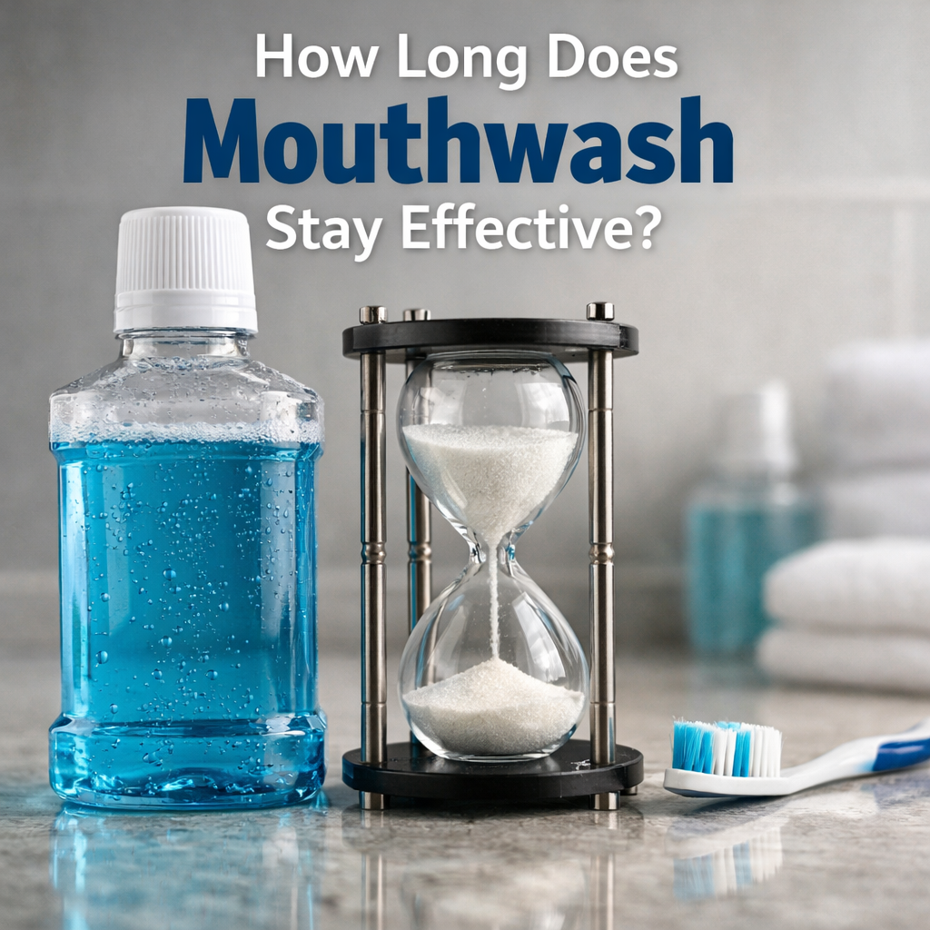 A photorealistic image related to how-long-does-mouthwash-stay-effective. Alt: how-long-does-mouthwash-stay-effective