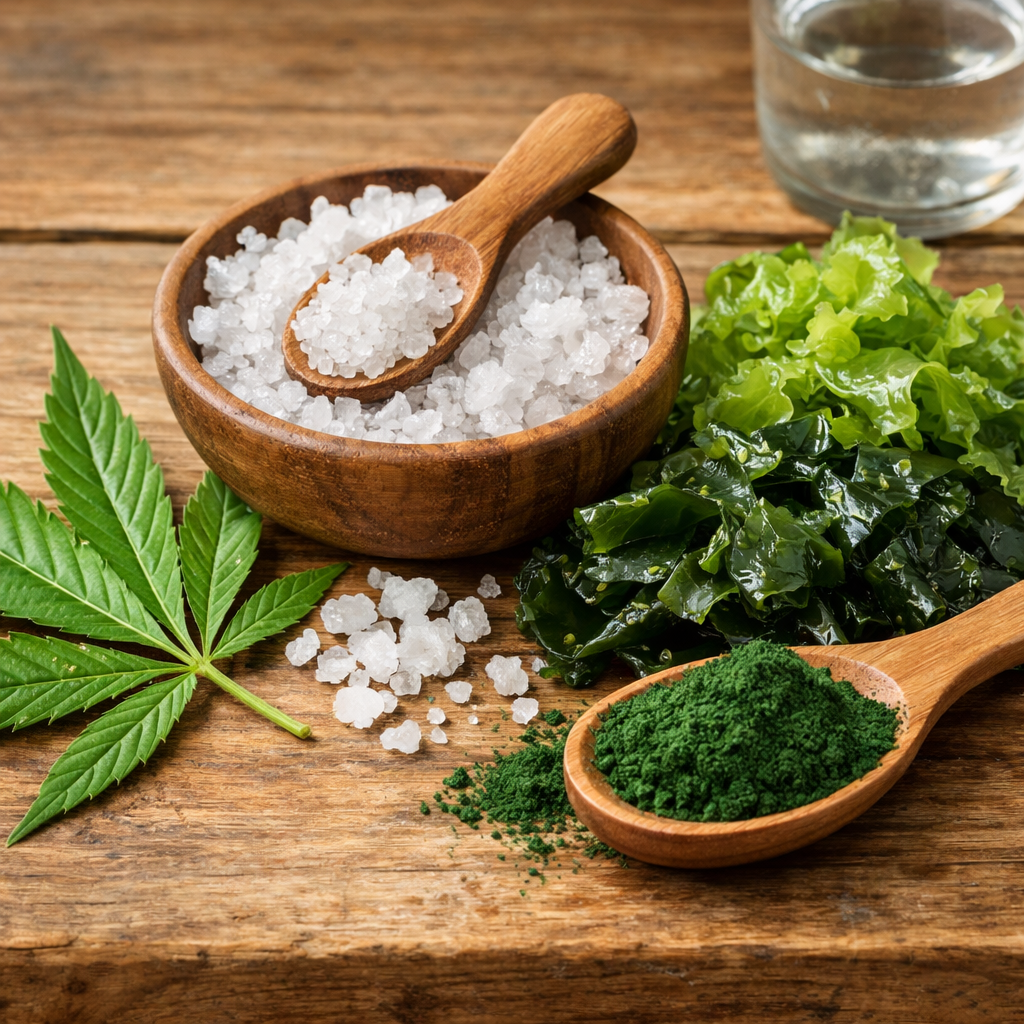 A realistic close‑up of natural ingredients such as hemp leaf, sea salt crystals, and algae on a wooden countertop, showing texture and color, Alt: natural oral care ingredients illustration