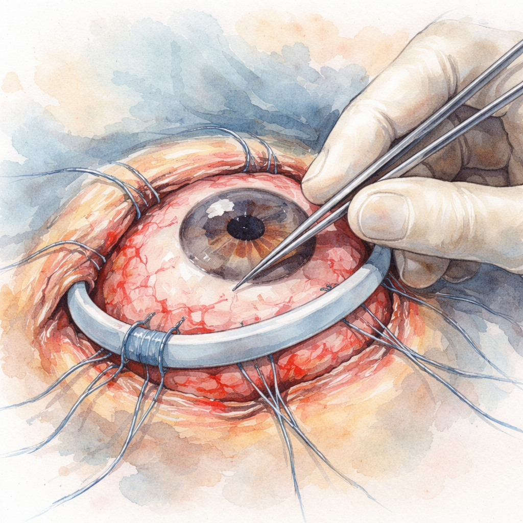 A watercolor illustration of an eye surgeon gently placing a silicone band around the globe of an eye, highlighting the scleral buckle procedure. Alt: scleral buckle retinal detachment surgery illustration