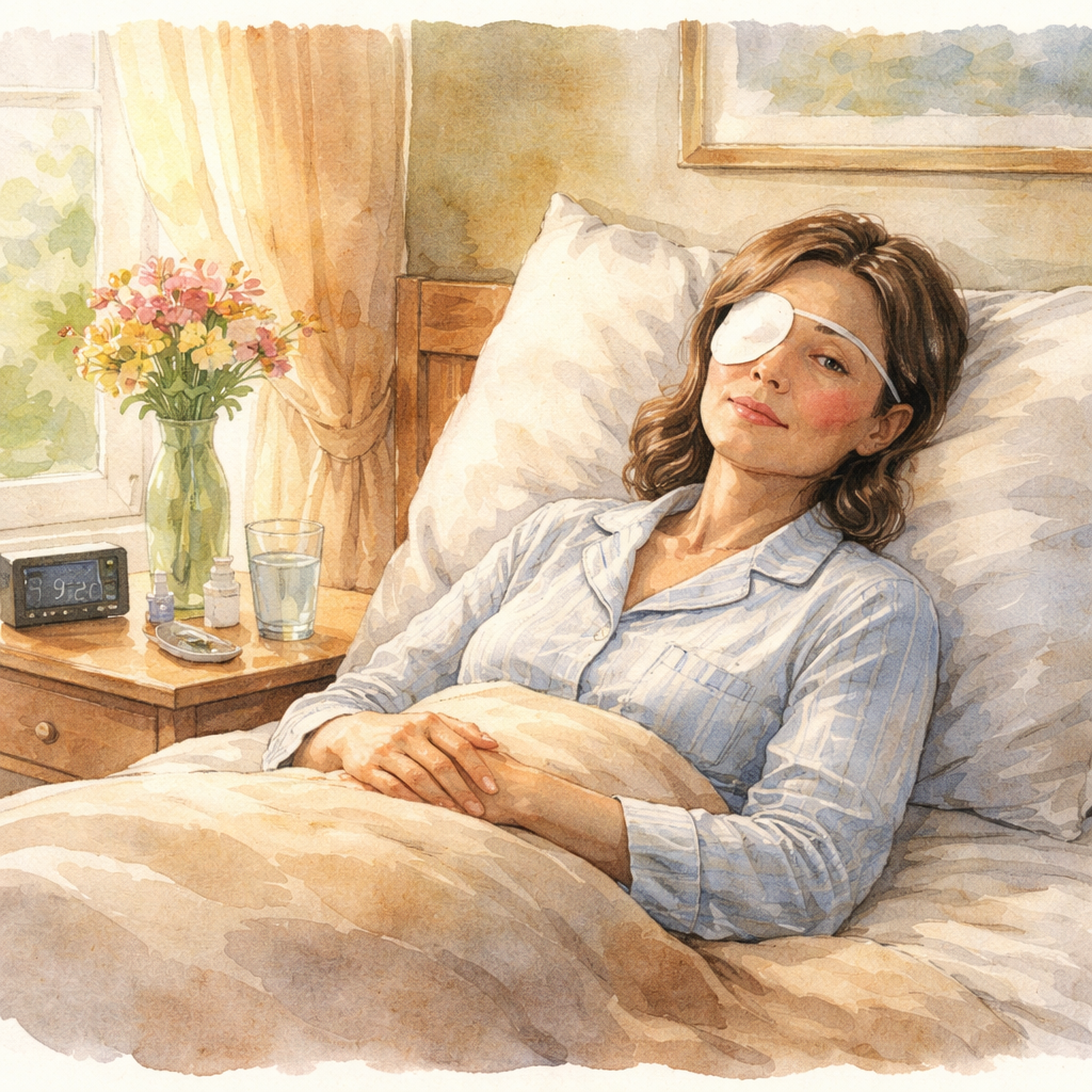 A watercolor scene of a calendar with eye‑care icons marking each week of recovery, showing drops, sunglasses, and gentle exercise. Alt: retinal detachment recovery timeline illustration