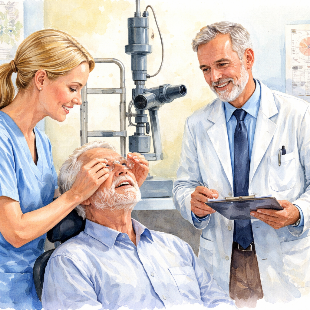 A watercolor painting of a patient in a Sydney eye clinic receiving pre‑procedure eye drops and discussing the YAG capsulotomy timeline with the surgeon. Alt: Pre‑procedure preparation for YAG laser capsulotomy in Sydney.
