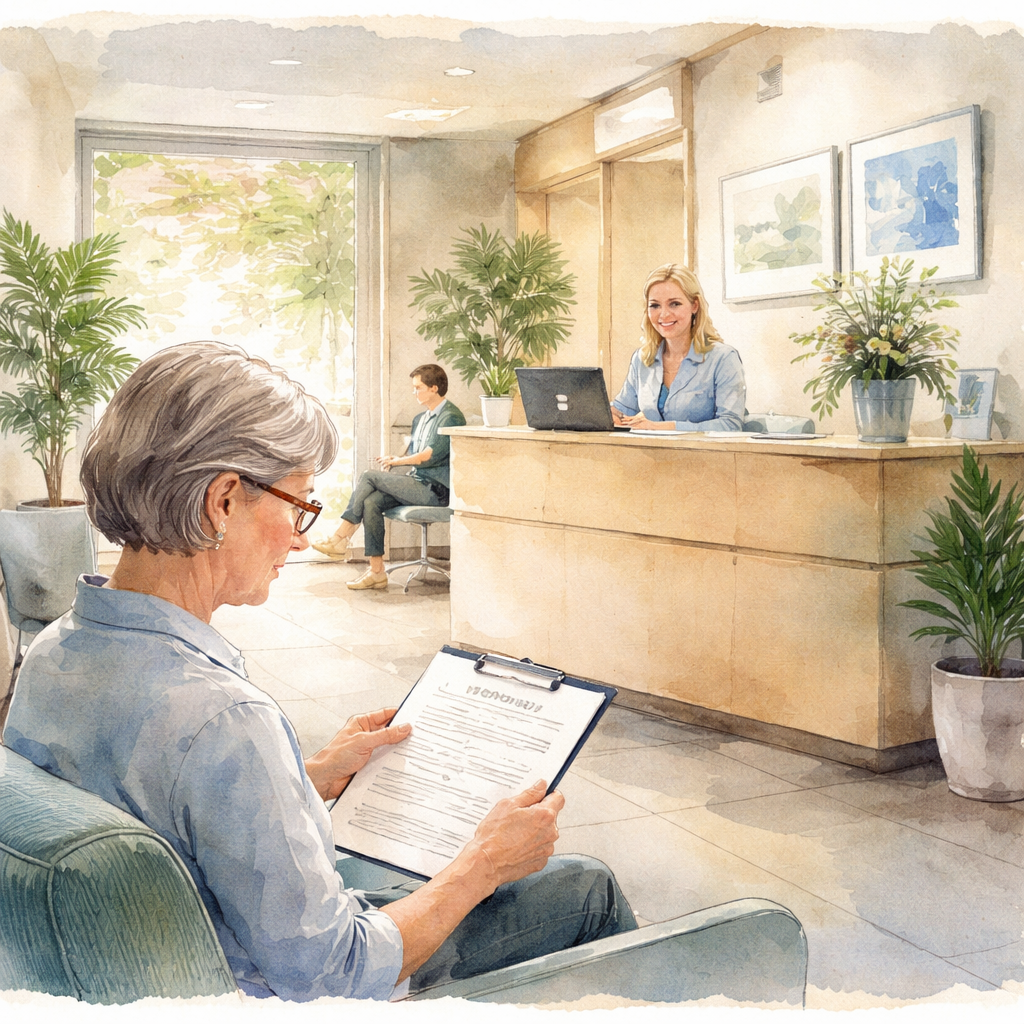 A calm Sydney ophthalmology clinic waiting room with natural light, a friendly receptionist, and a patient reviewing a consent form. Alt: Pre‑procedure consultation for YAG laser capsulotomy in Sydney.