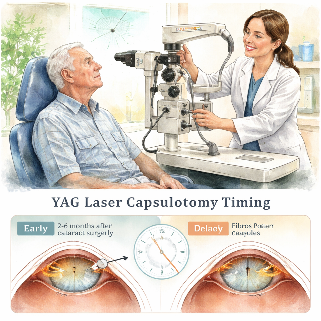 A senior patient in a bright Sydney clinic sitting in a laser chair, eye focused on a ceiling target, with a friendly ophthalmologist adjusting equipment. Alt: YAG laser capsulotomy timing comparison illustration.