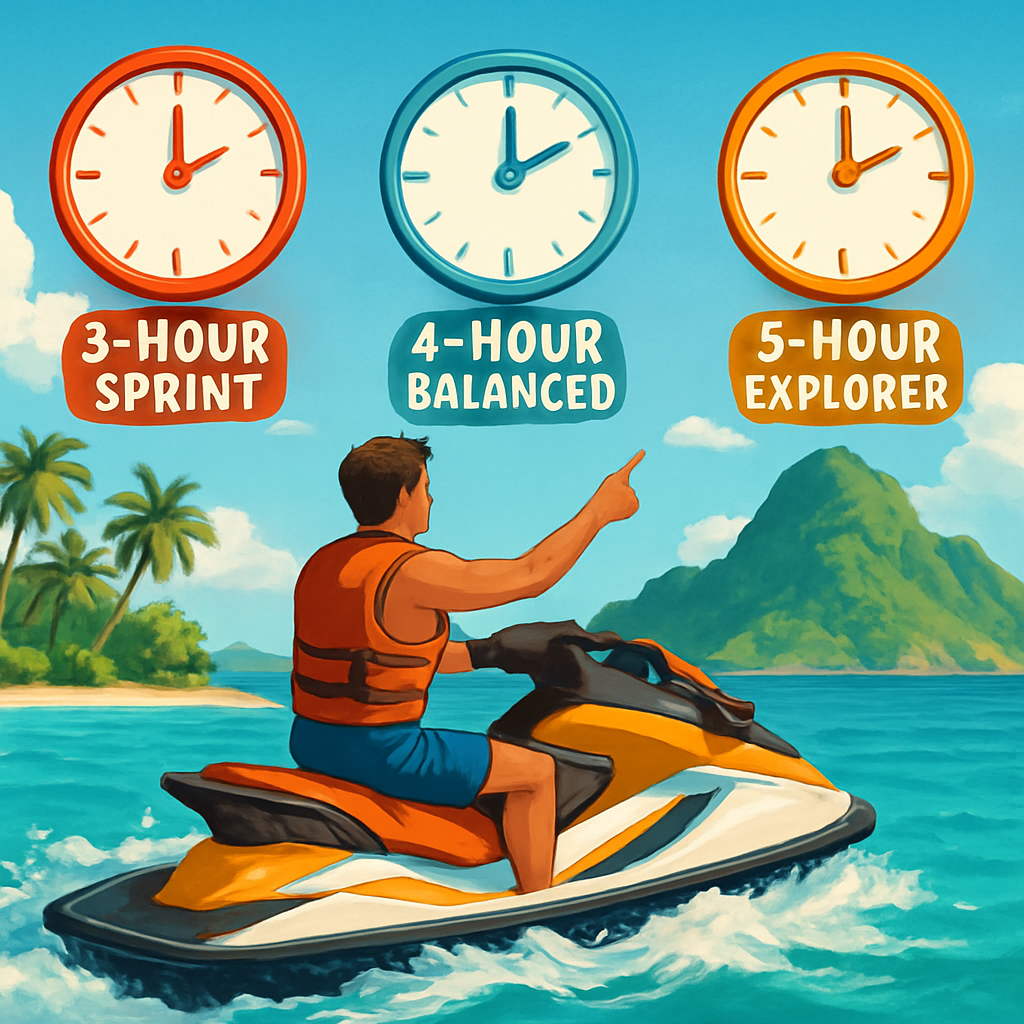 A vibrant illustration of a jet ski rider choosing between three clock icons labeled 3‑hour Sprint, 4‑hour Balanced, and 5‑hour Explorer, with tropical island background. Alt: How to choose the right jet ski tour length in Phuket – visual guide to tour duration options.