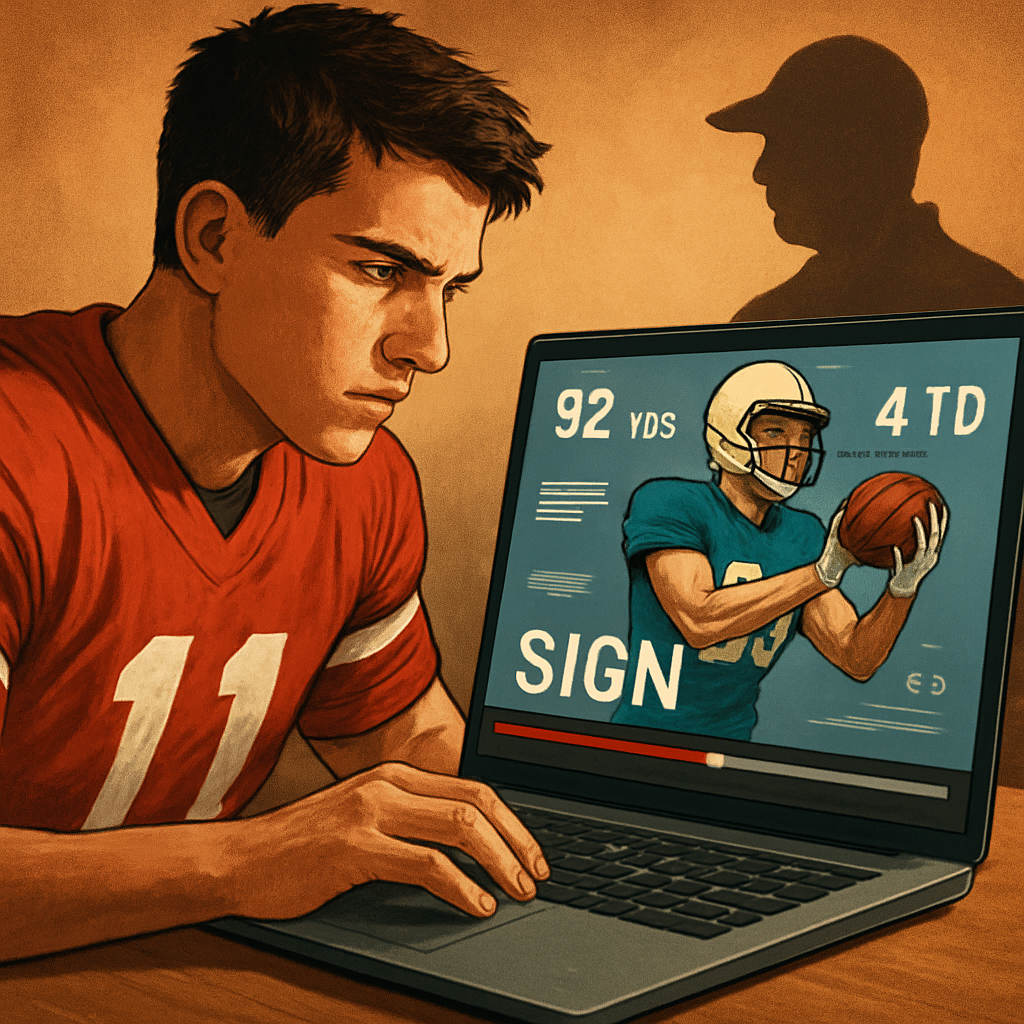 A dynamic AI‑generated illustration of a high‑school athlete reviewing a recruiting video on a laptop, with stats overlay and a coach’s silhouette in the background. Alt: Recruiting video goal and audience definition visual guide.
