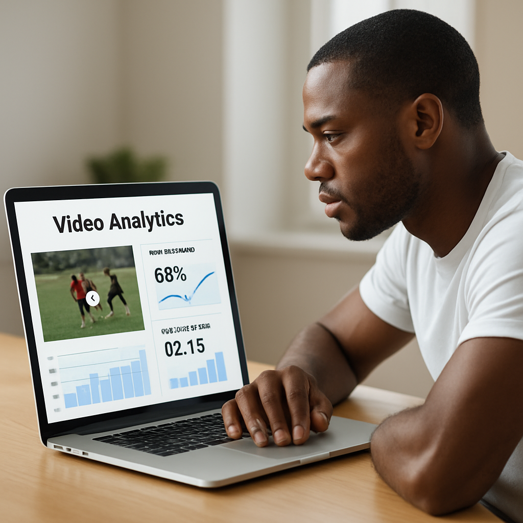 An athlete reviewing a split‑screen view of video analytics on a laptop, with charts showing view‑through rate and average watch time. Alt: How to test and iterate recruiting video length for better engagement
