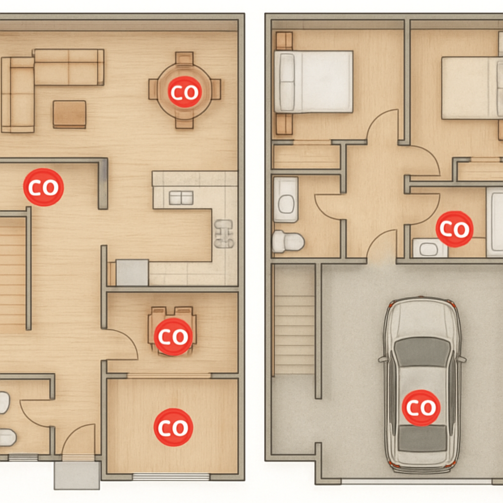A top‑down floor plan of a two‑story house with highlighted CO detector locations near furnace, garage door, and each bedroom door. Alt: CO detector placement guide for home safety