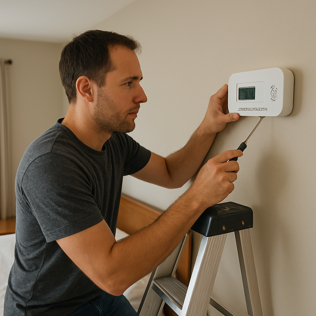 A homeowner using a ladder to mount a carbon monoxide detector on a bedroom wall, with a clear view of the detector’s digital display. Alt: Proper installation of carbon monoxide detector for home safety.