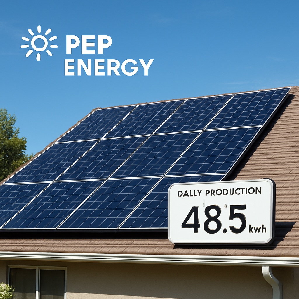 A sunny suburban roof with a 10 kW solar array, panels angled for optimal sun exposure, showing a digital readout of daily kWh production. Alt: Calculate daily solar production for a 10kW system.