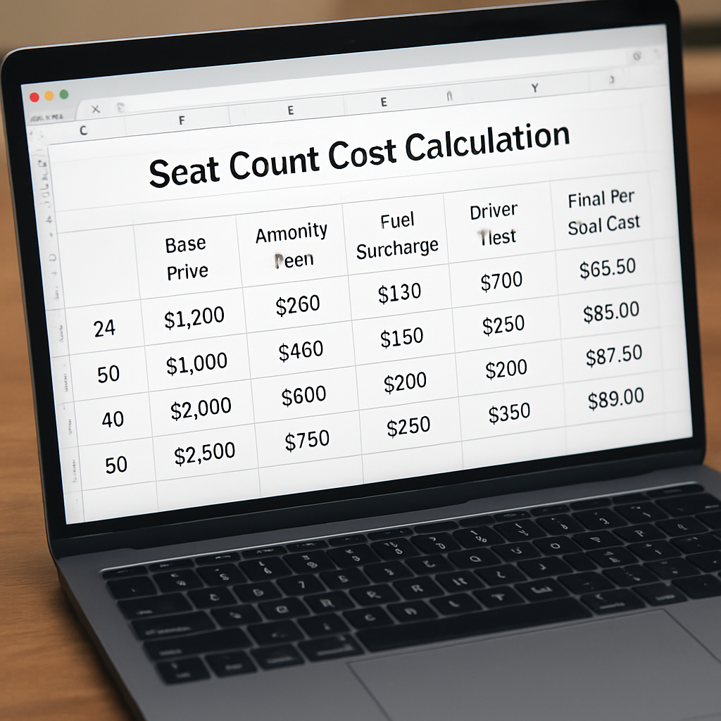 A spreadsheet on a laptop screen showing seat‑count calculations, with columns for base price, amenity fees, fuel surcharge, driver fees, and final per‑seat cost. Alt:
