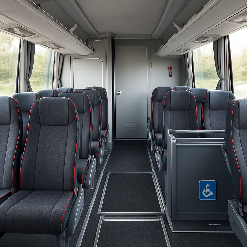A detailed interior view of a Spanish coach bus showing 3‑plus‑2 seating, a compact restroom, and a wheelchair ramp area. Alt: coach bus interior layout factors affecting seat count