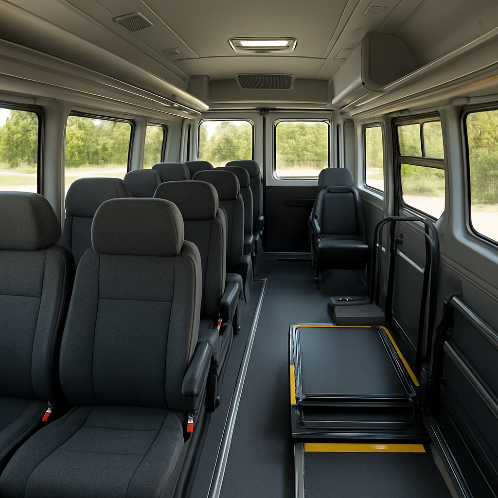 A modern minibuses interior showing rows of seats with ample legroom, luggage compartments, and a wheelchair ramp. Alt: interior view of a 20‑seat minibus with accessibility features and comfortable seating.