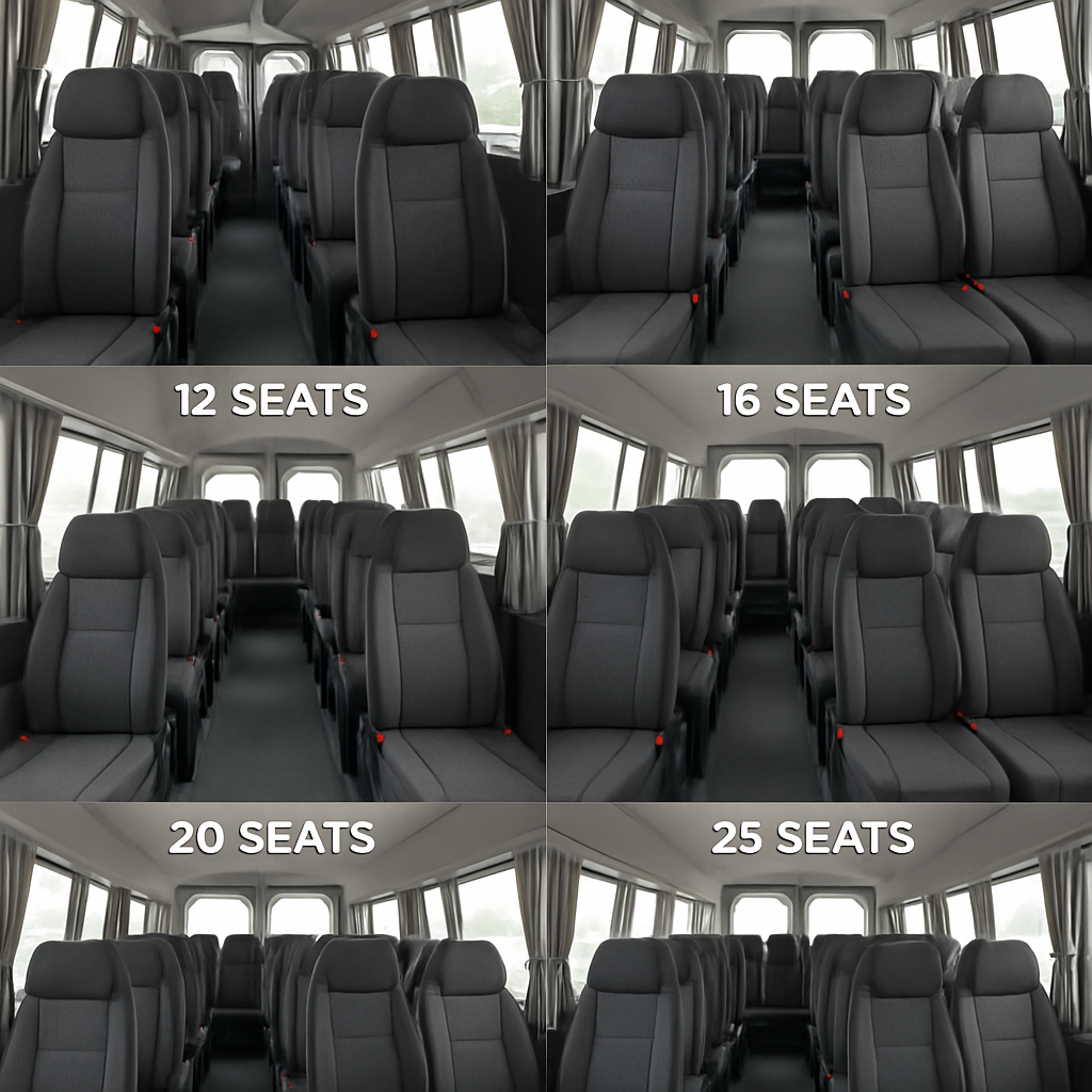 A sleek minibus interior showing different seating layouts for 7, 12, 16, 20, and 25 seats. Alt: Minibus size guide illustration.