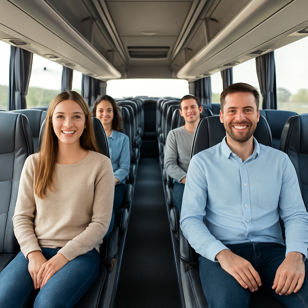 A sleek interior view of a midsize 2‑by‑2 coach bus with passengers smiling, showing seat rows and legroom. Alt: Coach bus seating comparison guide