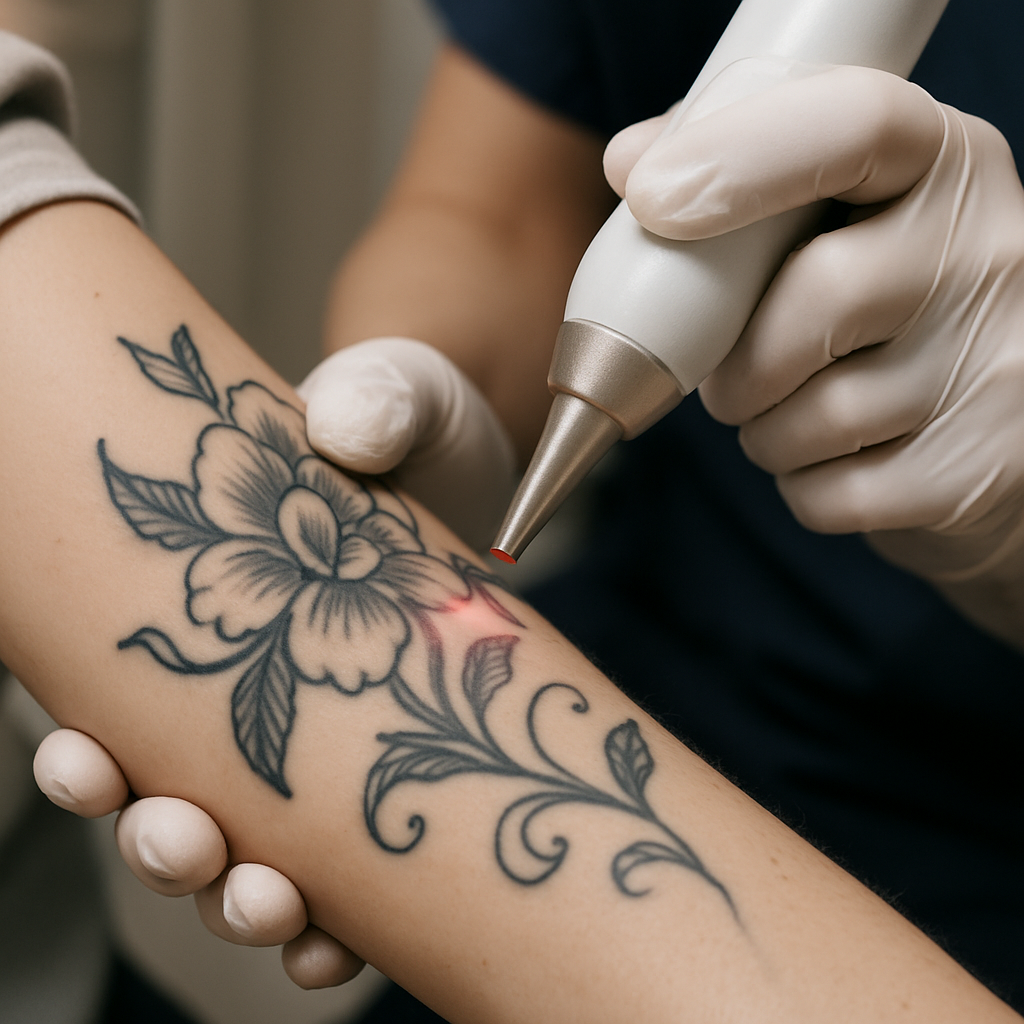 A close-up of laser tattoo removal in progress, with a technician carefully targeting tattoo ink on a patient’s arm. Alt: Laser tattoo removal session showing laser device breaking down tattoo ink beneath skin.