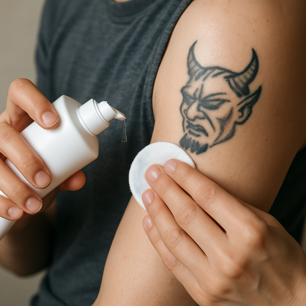 A person gently cleansing and moisturizing skin before a laser tattoo removal session, ensuring the area is clean and prepped. Alt: Preparing skin for laser tattoo removal with proper cleansing and care.