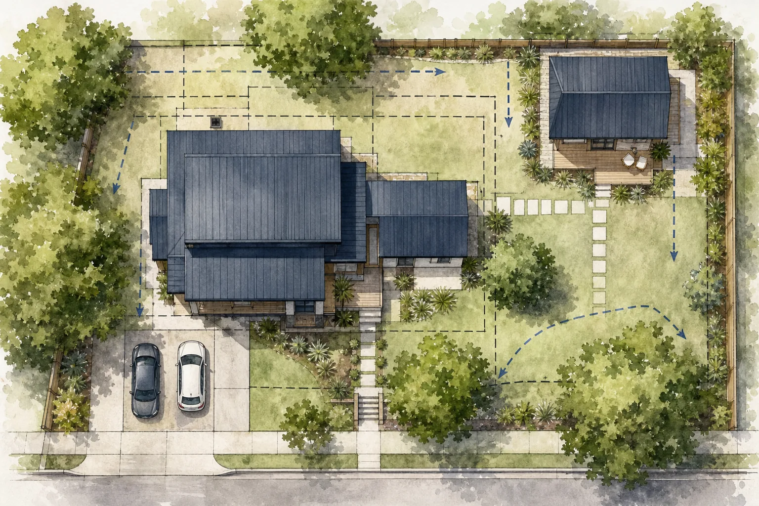 Attached and detached ADU layout with Austin setbacks and parking