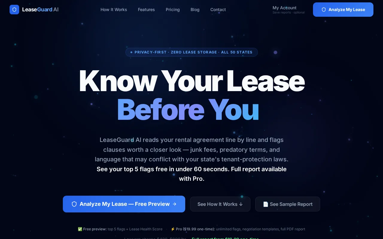 Screenshot of the LeaseGuard AI website
