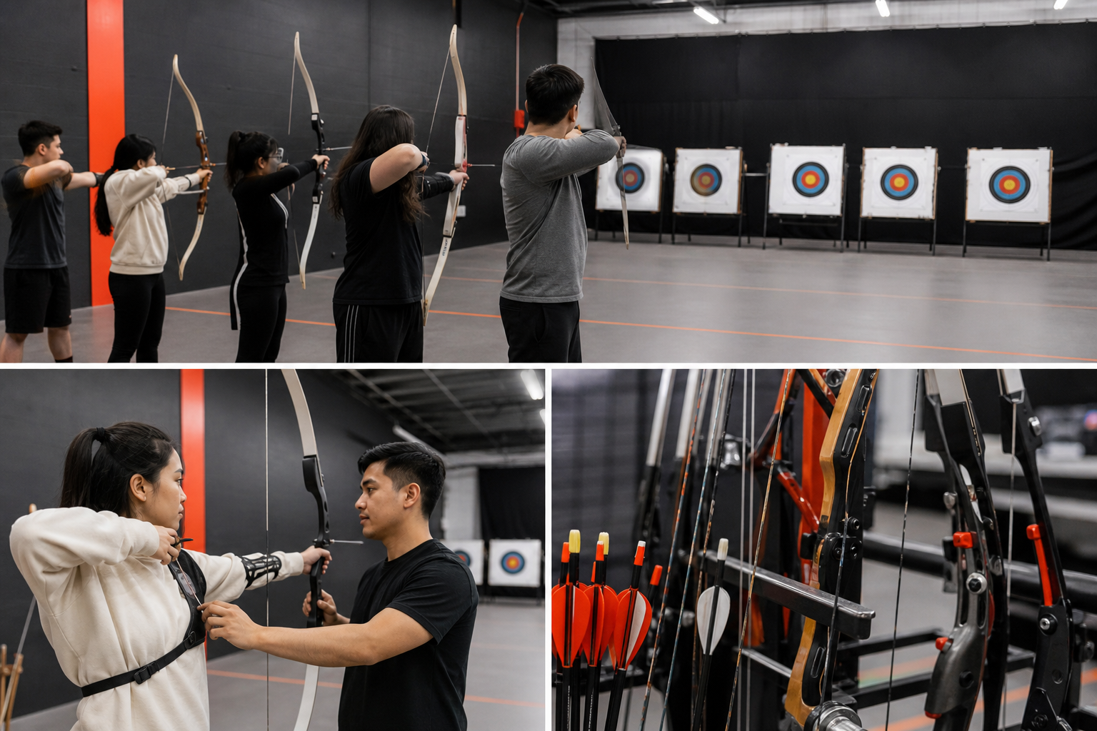 A realistic photo showing different archery lesson setups: a group of beginners with recurve bows at an indoor range, a private coach working one-on-one, and a close-up of a bow and arrow on a rack. Alt: Archery lesson types in Toronto indoor range with professional coaching.