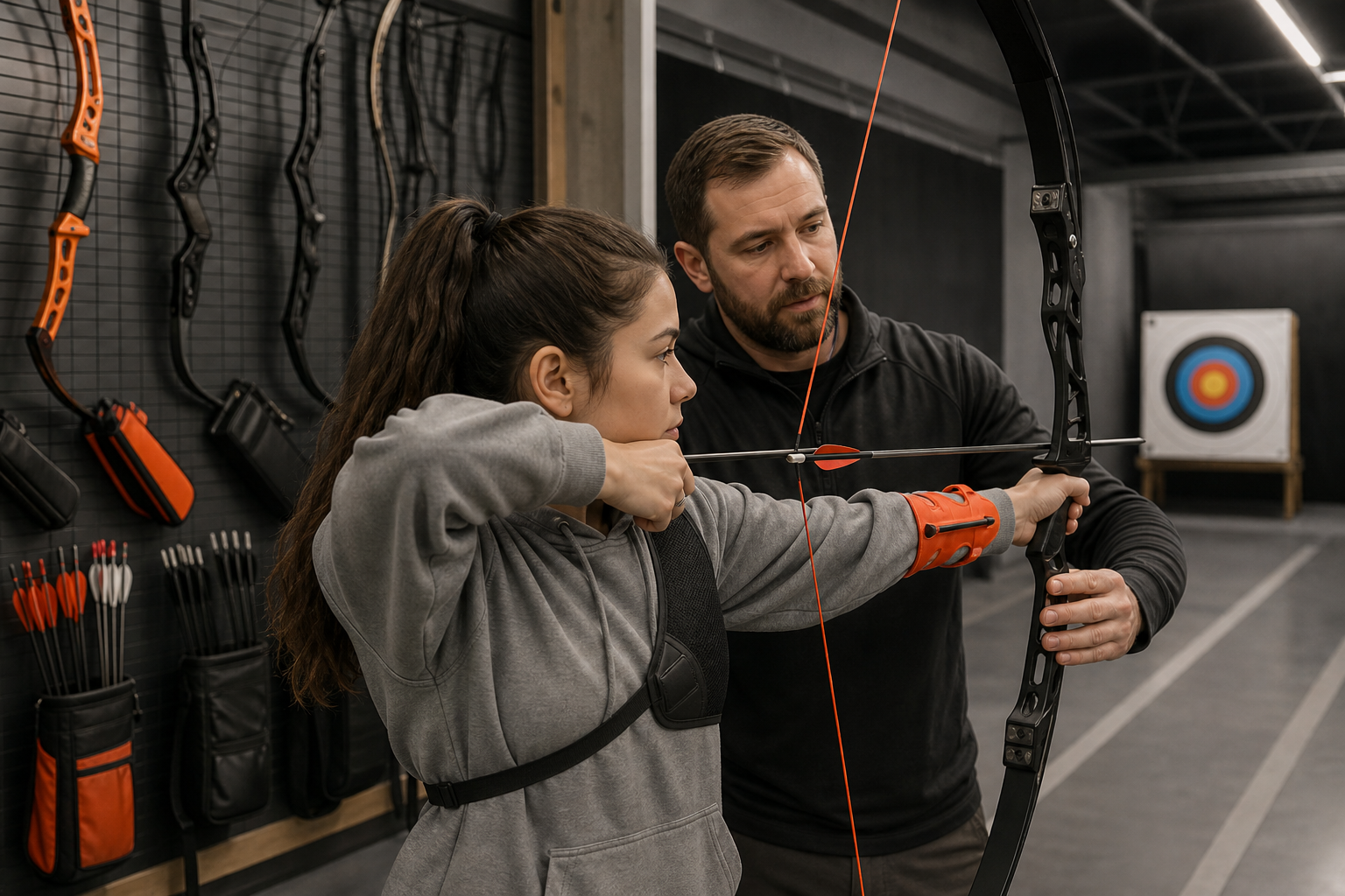 A realistic photo of an archery coach adjusting a beginner's stance, with a price chart or bow accessories visible in the background. Alt: Archery coach giving instruction at an indoor range, with lesson cost factors like equipment and coach certification.