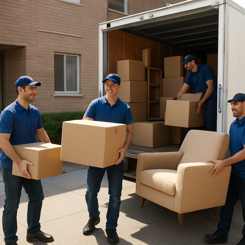 A cheerful moving crew loading a 14‑ft box van with boxes and furniture outside a one‑bedroom apartment. Alt: base moving rates for a one‑bedroom move in Perth