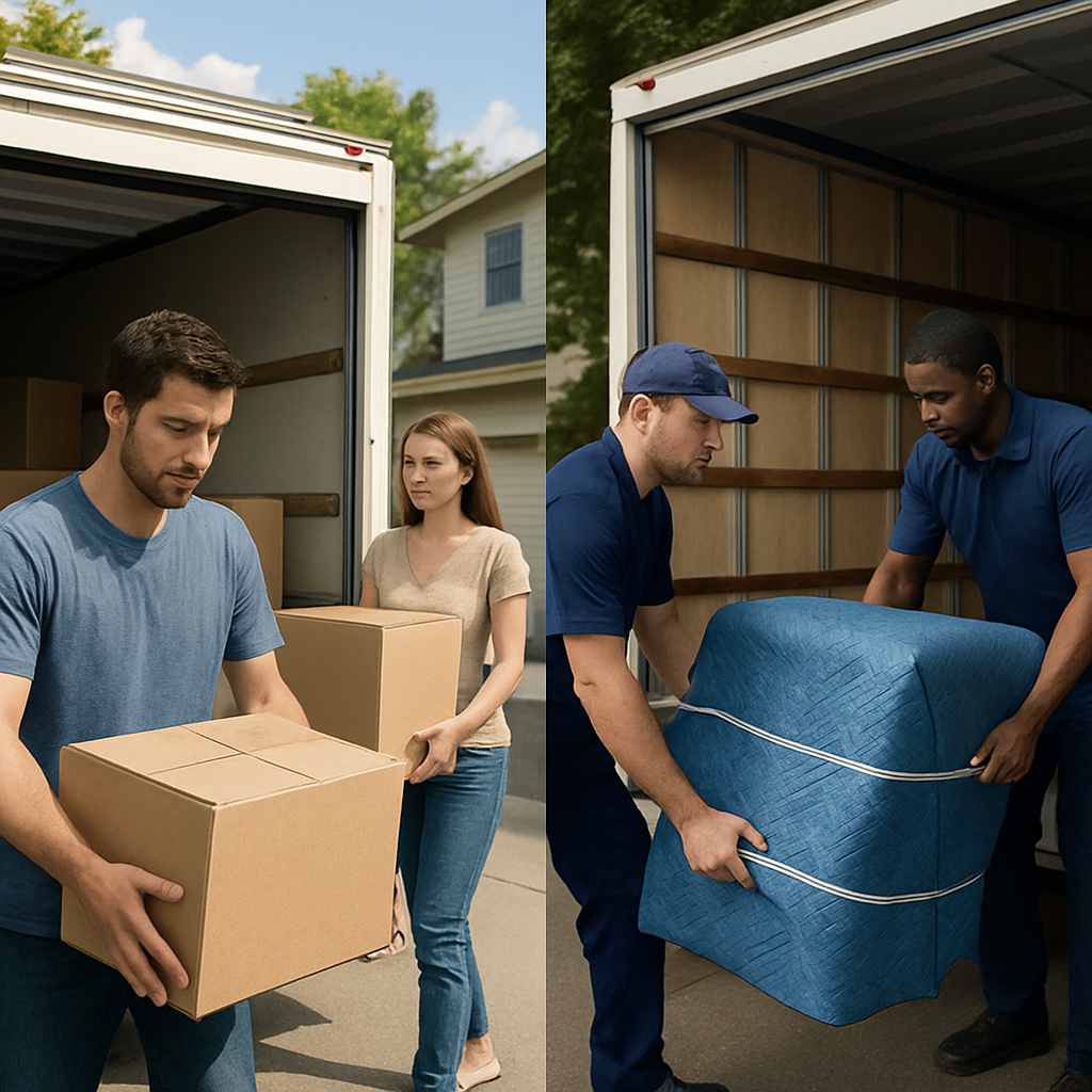 A split‑screen illustration showing a DIY moving team loading boxes into a rental truck on one side, and a professional moving crew efficiently handling furniture with padding on the other. Alt: Cost comparison DIY moving vs professional movers for a 1 bedroom apartment