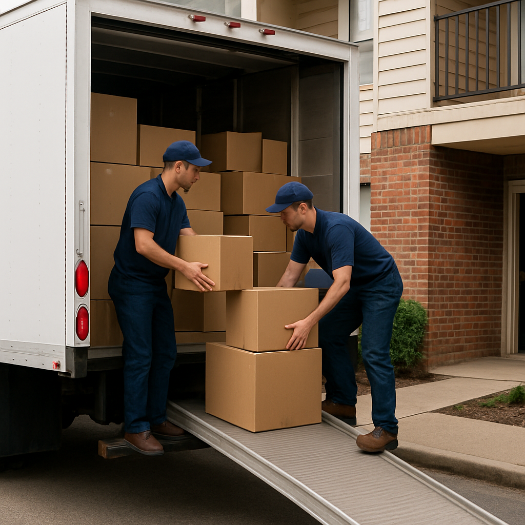 A moving truck loading boxes from a two‑bedroom apartment, with movers carefully stacking items. Alt: Understanding mover cost factors illustration.