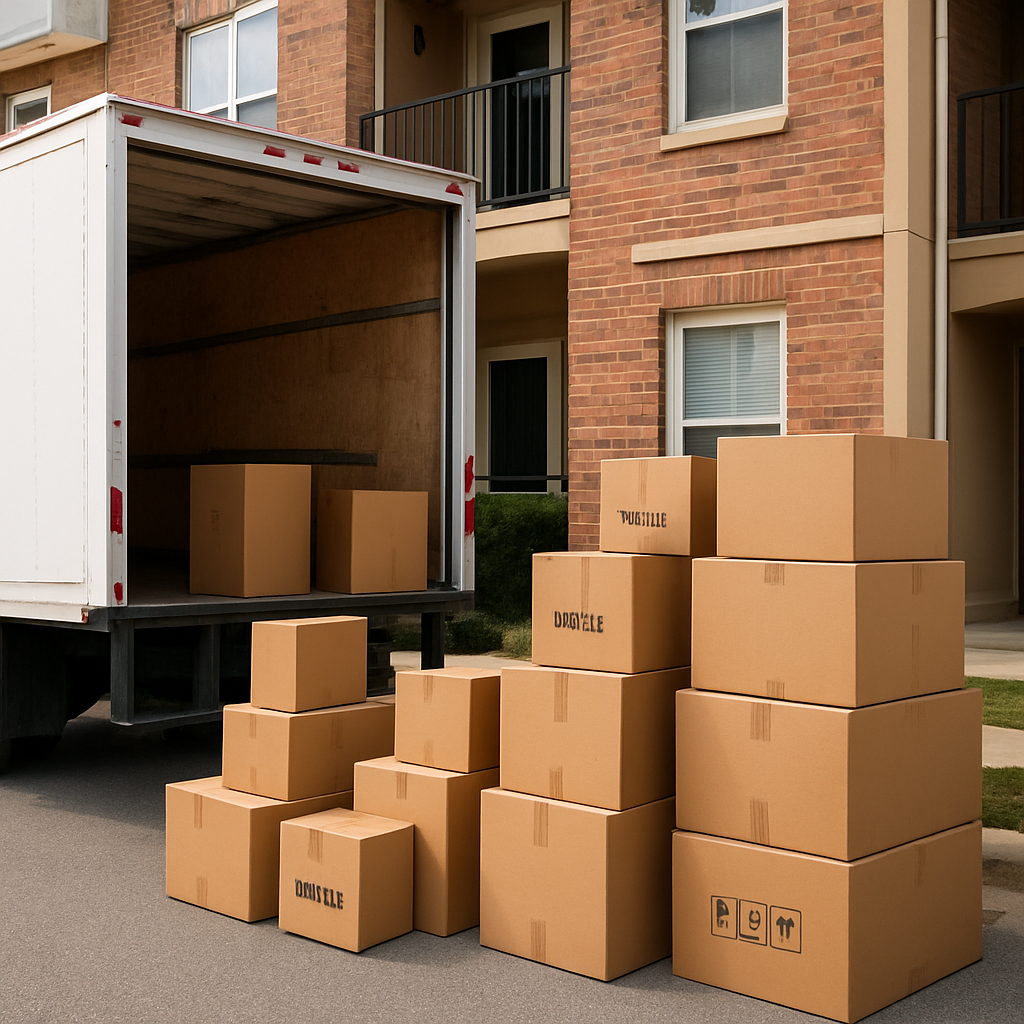 A moving truck parked outside a two‑bedroom apartment with boxes stacked, showing the scale of a typical move. Alt: Accurate moving quote for a 2 bedroom apartment