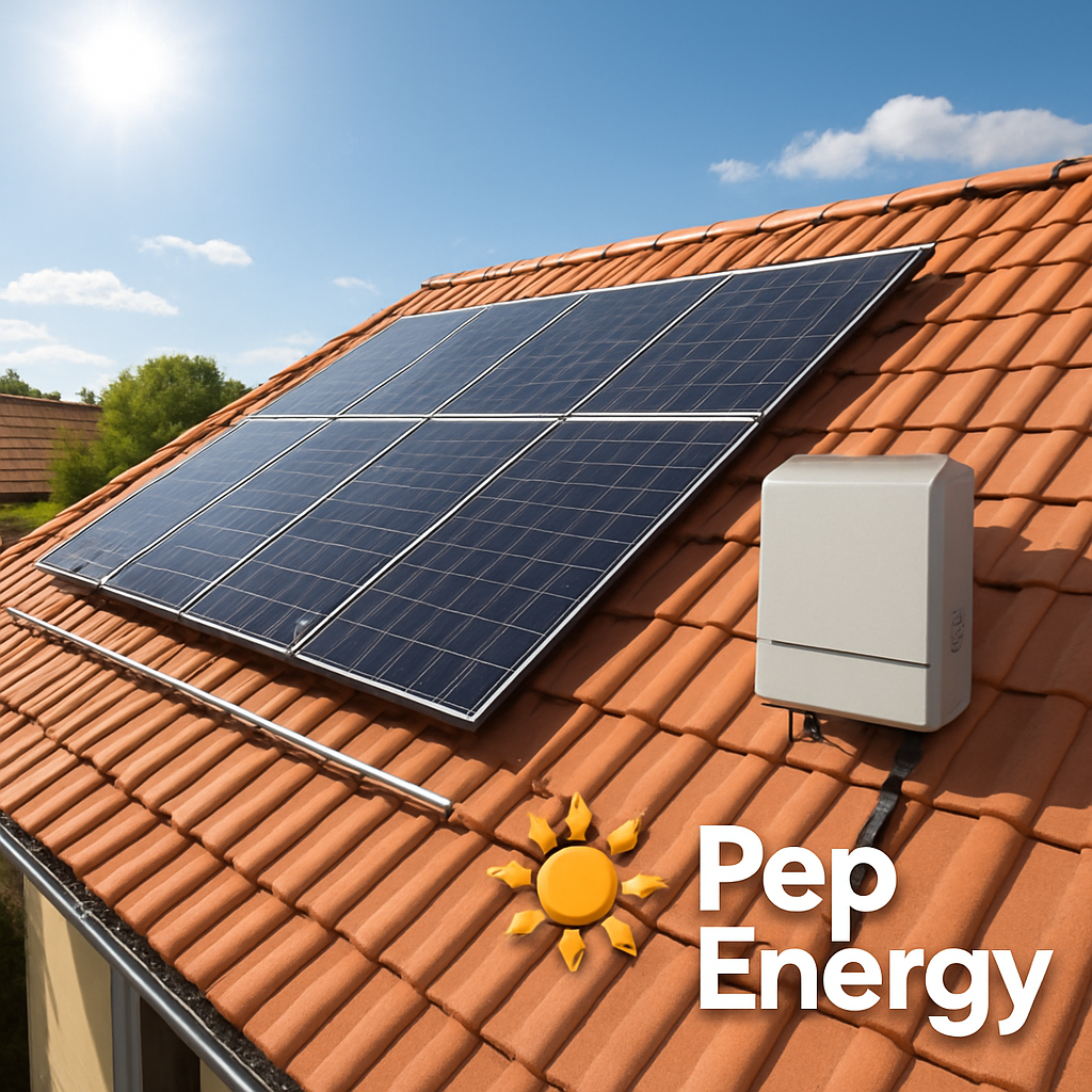 A sunny residential roof with solar panels neatly installed, showing mounting rails and an inverter box beside the panels. Alt: Solar panel installation components and cost factors illustrated.