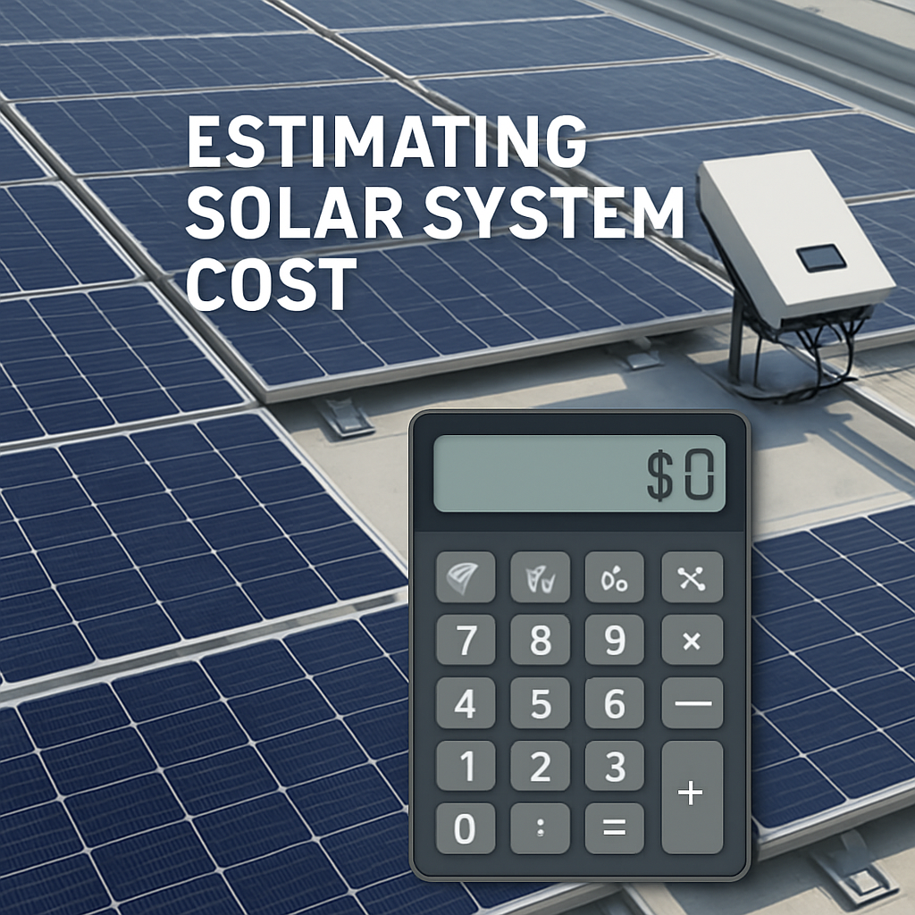 A rooftop solar layout showing panels, inverter, and mounting hardware with a calculator overlay. Alt: Estimating total solar system cost with panels, inverter, labor, and permits visual guide.