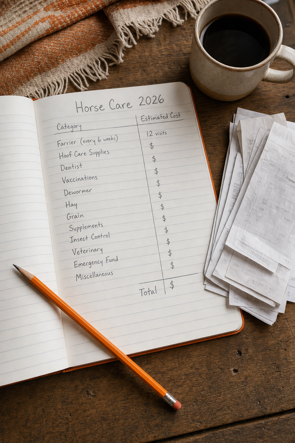 A realistic overhead photo of a wooden farmhouse desk with a lined notebook open to a hand-written budget sheet labeled 'Horse Care 2026', a worn pencil, and a small stack of receipts beside a coffee mug