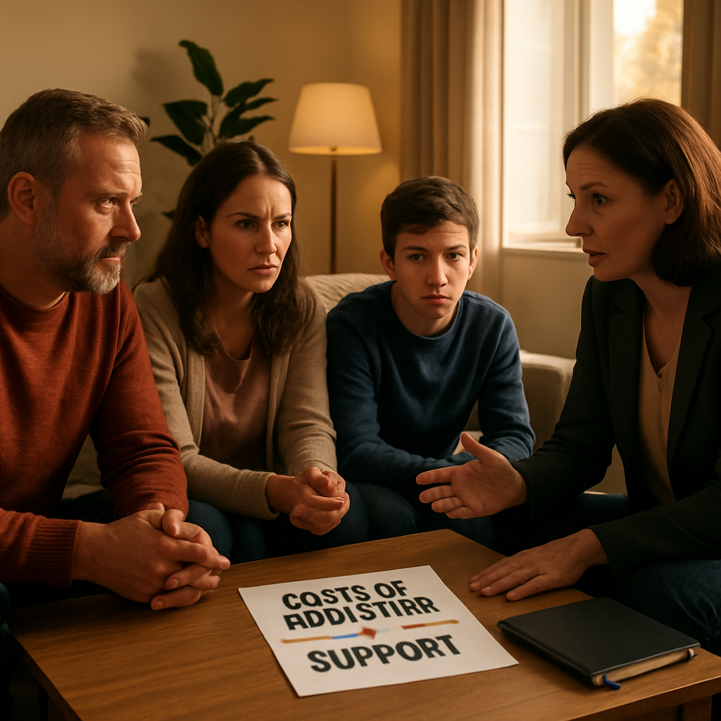 A warm, inviting living room setting where a family sits together with an interventionist at a table, emphasizing support and collaboration. Alt: Interventionist guiding family conversation about addiction cost and support.