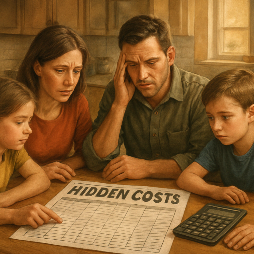 A warm, detailed illustration of a family sitting at a kitchen table with a spreadsheet and calculator, reviewing hidden costs for an intervention, Alt: hidden expenses budgeting for intervention costs
