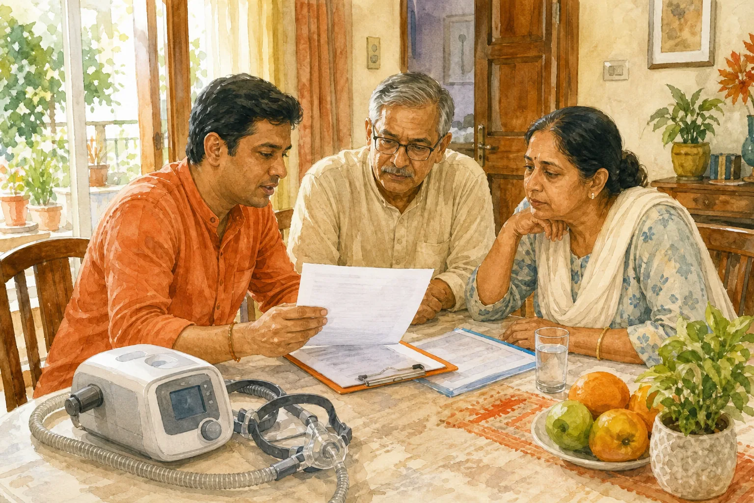 Family caregiver reviewing BiPAP rental costs and delivery terms in India.