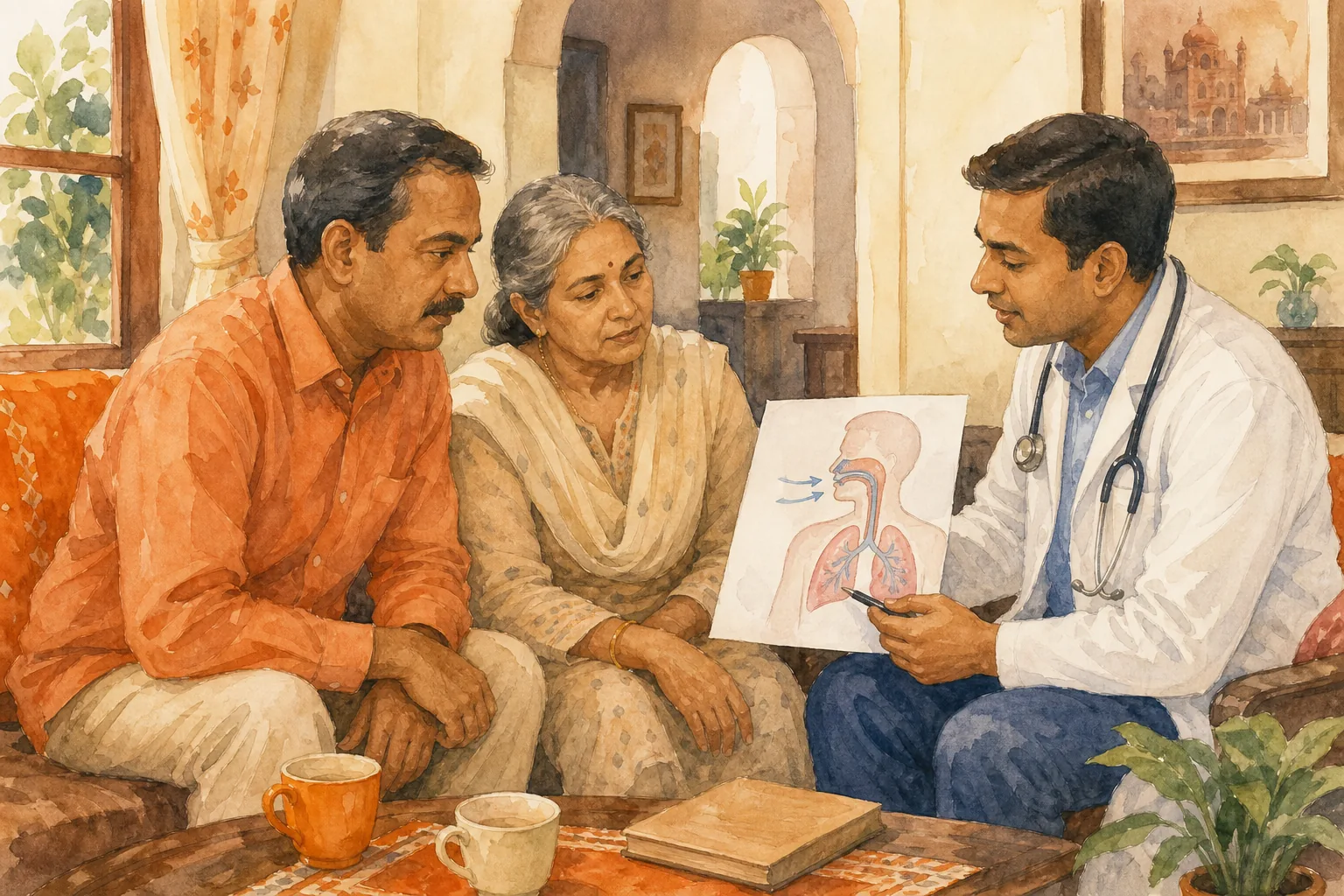 Clinician and caregiver discussing BiPAP features and prescribed therapy in India.