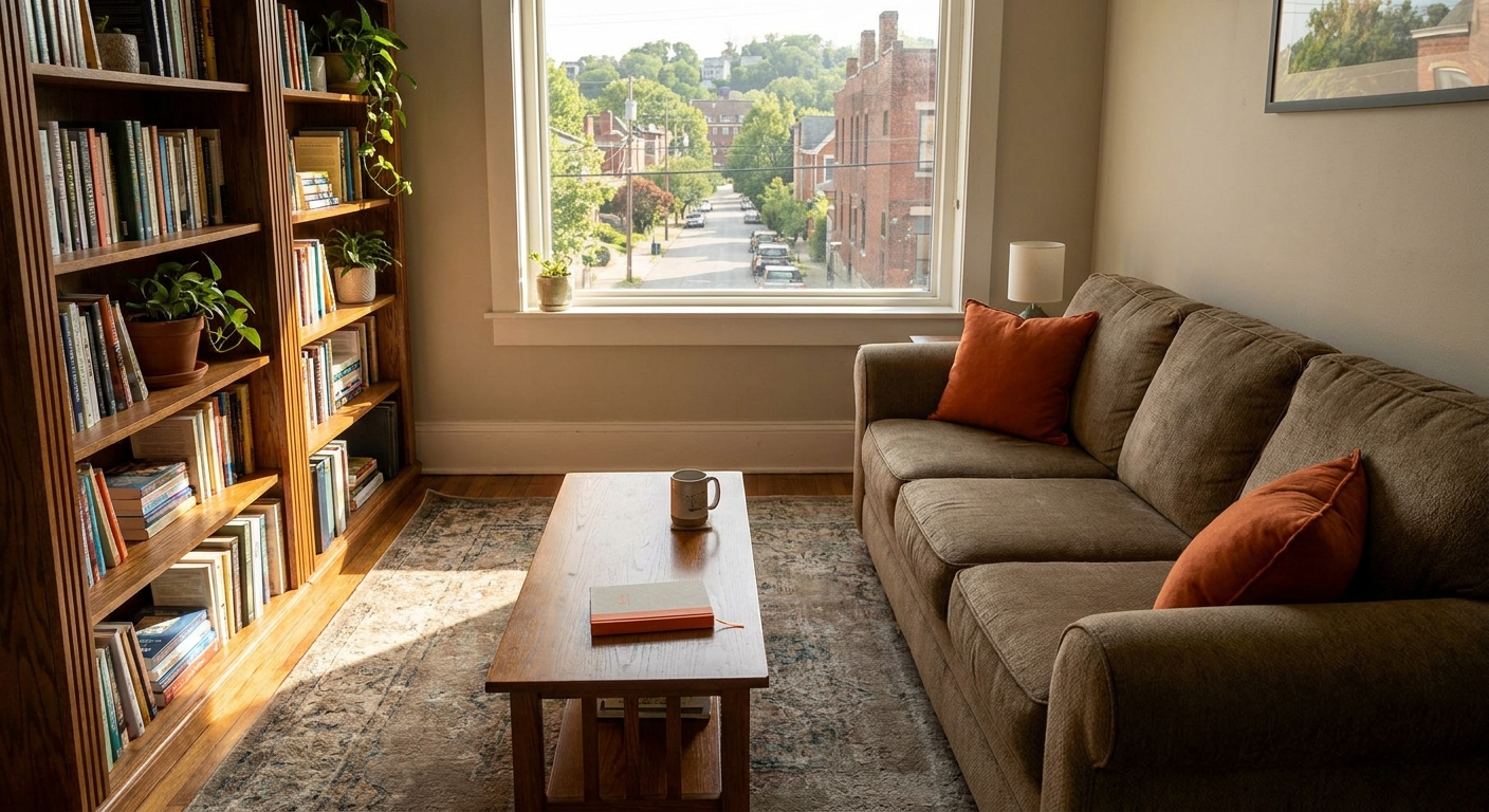 A warm, sun‑lit counseling office in Cincinnati with a comfortable couch and a bookshelf, realistic style, alt: private practice counseling office Cincinnati
