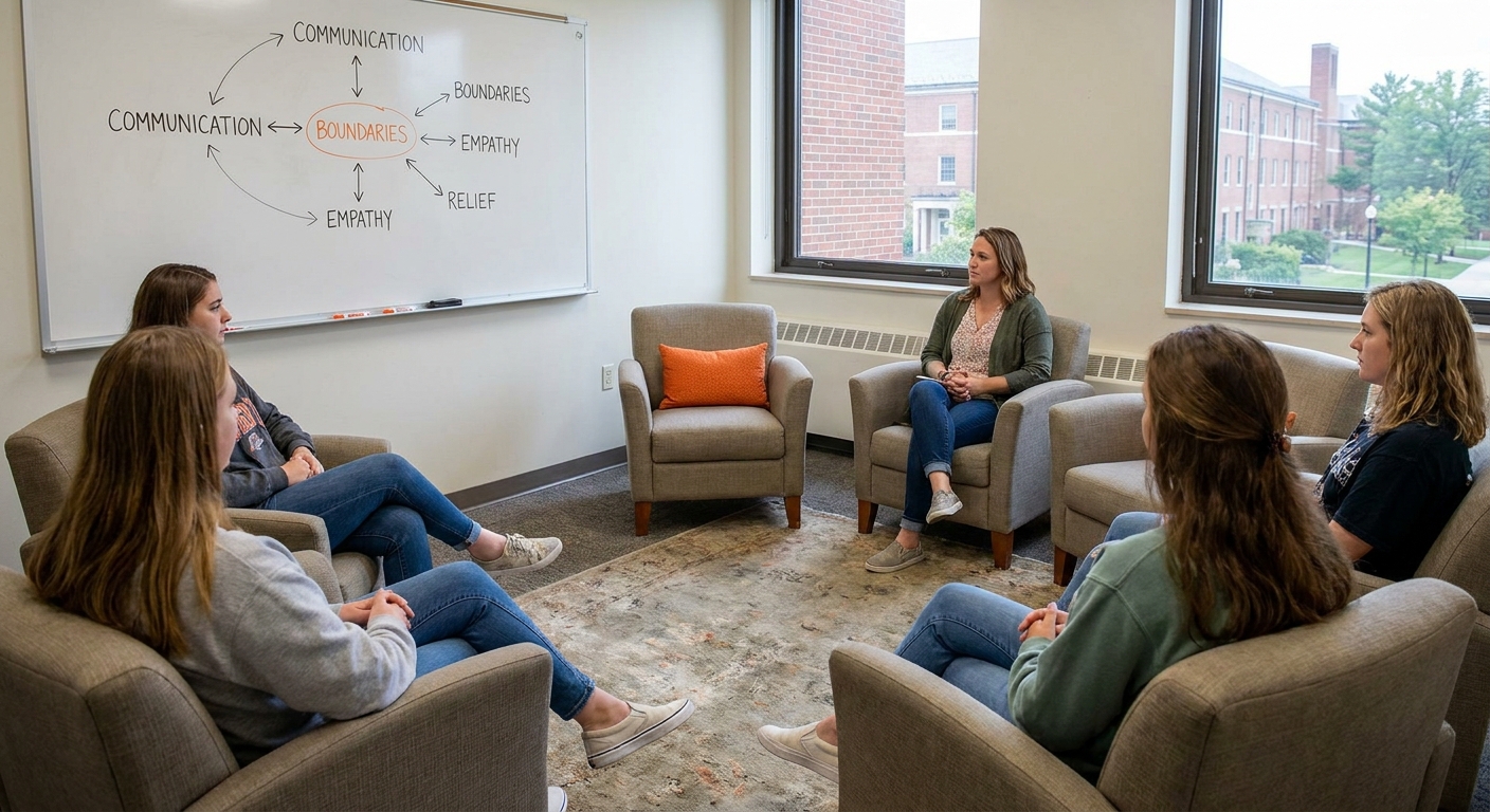 A university counseling office with a circle of chairs and a whiteboard displaying relationship skill diagrams, realistic style, alt: university counseling center Cincinnati