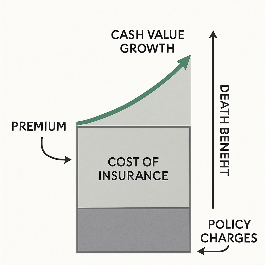 A visual breakdown diagram outlining indexed universal life insurance structure showing cash value growth, death benefit, policy charges, and cost of insurance. Alt: Indexed universal life insurance cost components illustration.