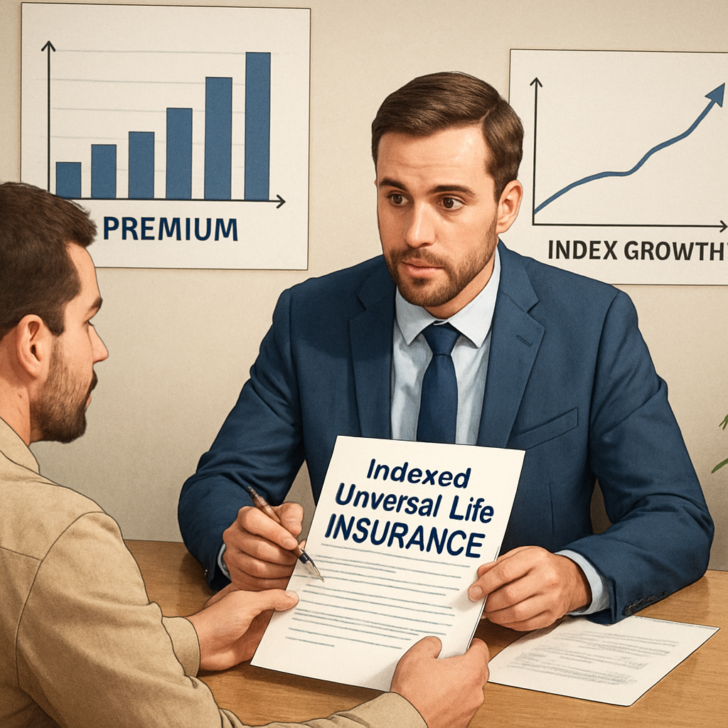 An illustration showing a person reviewing life insurance paperwork with a financial adviser, surrounded by graphs indicating premium calculations and index growth. Alt: How much does indexed universal life insurance cost - estimating premium with a financial adviser.